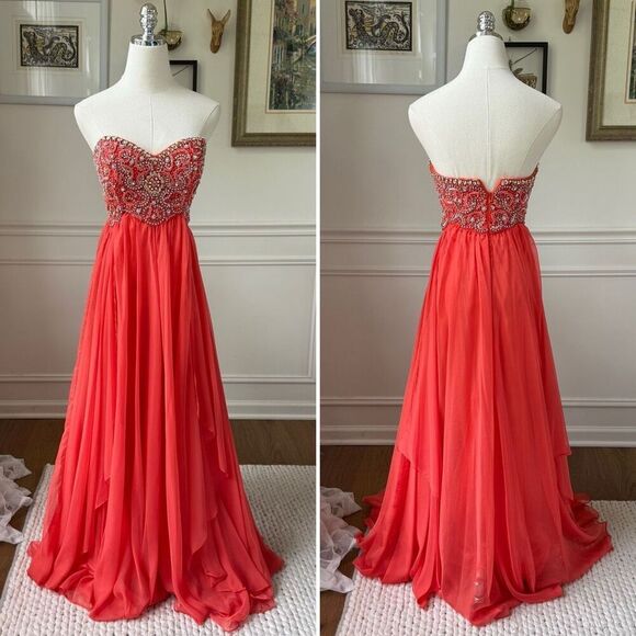 Sherri Hill Sweetheart Strapless Beaded Coral Formal Gown Prom Pagent Dress 0972 - Picture 1 of 10